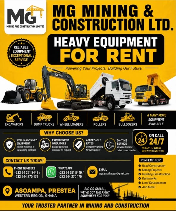 MG Mining and Construction detailed heavy equipment rental flyer